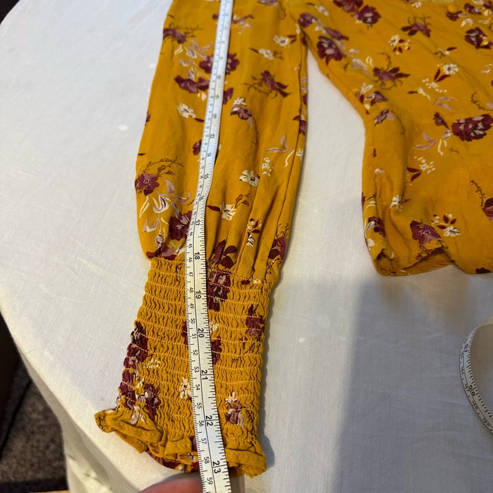 Purple and yellow floral low cut long sleeve blouse - Picture 10 of 10